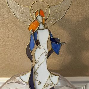 Stained glass Red Headed Angel Candle Holder